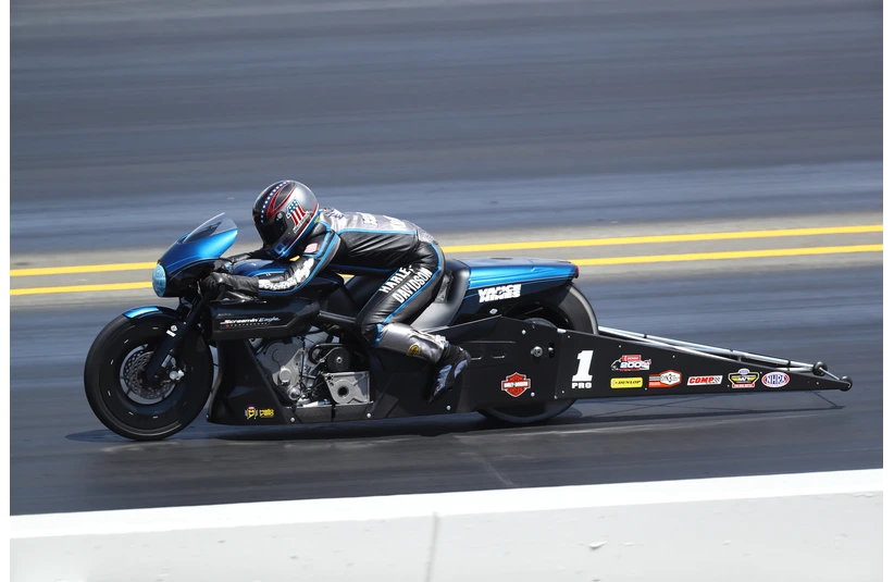 Jul 29, 2018; Sonoma, CA, USA; NHRA pro stock motorcycle rider Eddie Krawiec becomes the second rider to break the 200mph speed barrier during the Sonoma Nationals at Sonoma Raceway.