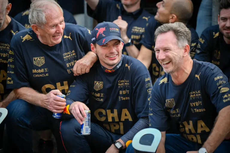 Oct 23, 2022; Austin, Texas, USA; (from left) Red Bull team advisor Helmut Marko and Red Bull Racing Limited driver Max Verstappen of Team Netherlands and Team Principal Christian Horner celebrate winning the U.S. Grand Prix F1 race at Circuit of the Americas. Mandatory Credit: Jerome Miron-Imagn