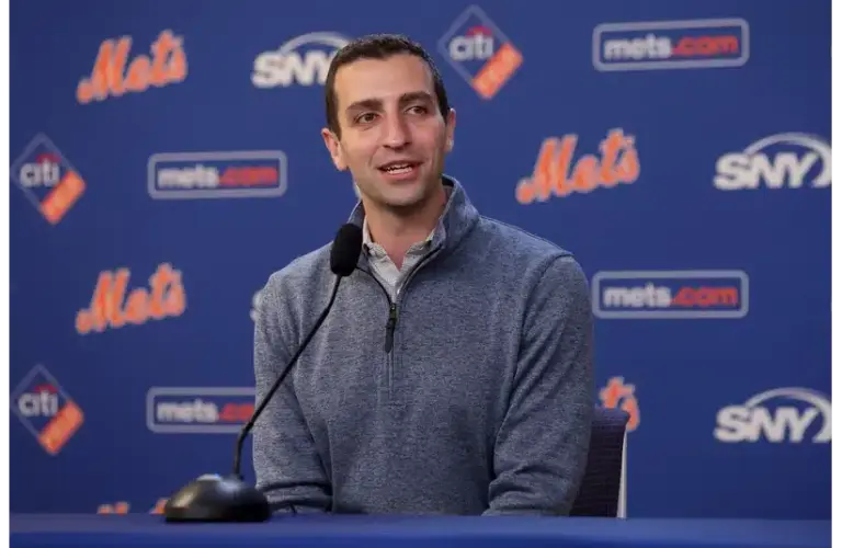 Mets president of baseball operations David Stearns speaks to the media about the MLB trade deadline before a game against the Twins.