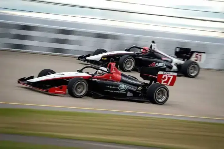 Abel Motorsports; Indy NXT Series driver Bryce Aron (27) and Jacob Abel (51) drive during practice for the Music City Grand Prix at Nashville Superspeedway in Lebanon, Tenn., Saturday, Sept. 14, 2024.