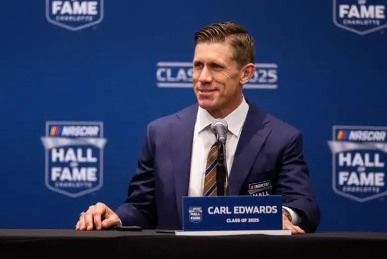 Feb 7, 2025; Charlotte, NC, USA; Former driver Carl Edwards speaks with the media after being inducted into the NASCAR Hall Of Fame at Charlotte Convention Center Crown Ballroom.