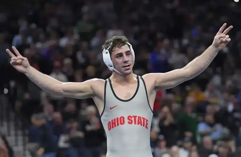 Jesse Mendez of the Ohio State Wrestling team celebrates win during the Division I Men's Wrestling Championship held at Wells Fargo Center.