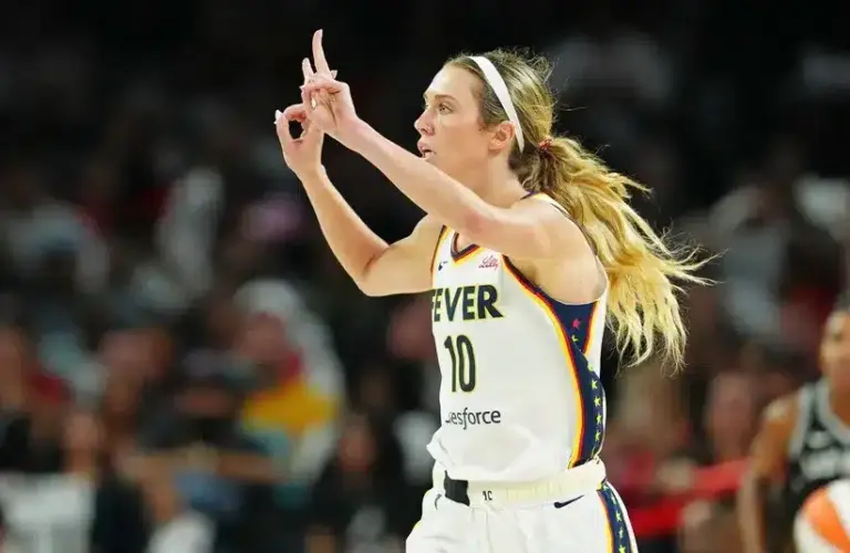 Indiana Fever guard Lexie Hull (10) gestures after scoring against the Las Vegas Aces during the third quarter of game five of the second round of the 2025 WNBA Playoffs at Michelob Ultra Arena.
