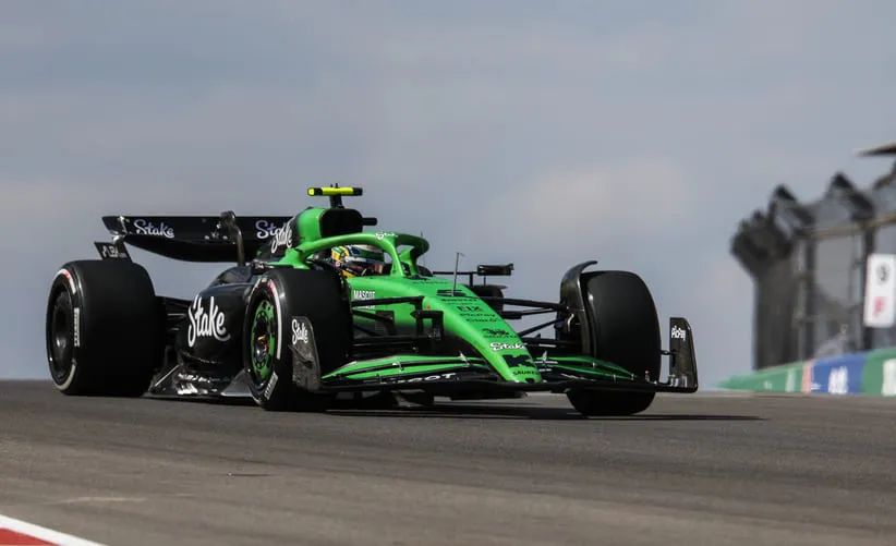 Oct 17, 2025; Austin, TX, USA; Stake F1 Kick Sauber driver Gabriel Bortoleto (5) of Brazil practices for the Grand Prix at Circuit of The Americas Austin.
