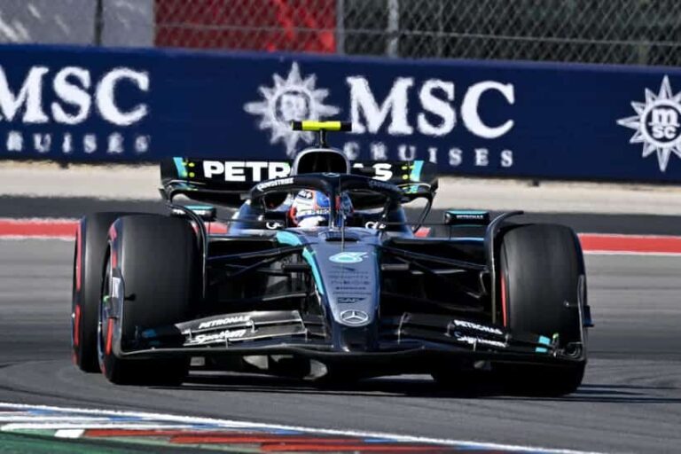 Shovlin; Oct 19, 2025; Austin, TX, USA; Mercedes AMG Petronas driver George Russell (63) of Team Great Britain drives during the 2025 US Grand Prix at Circuit of The Americas in Austin, Texas.