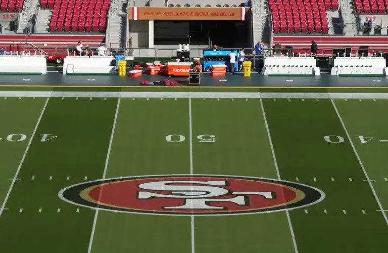 The San Francisco 49ers logo is painted on the field before the game against the Atlanta Falcons at Levi's Stadium. Aldon Smith