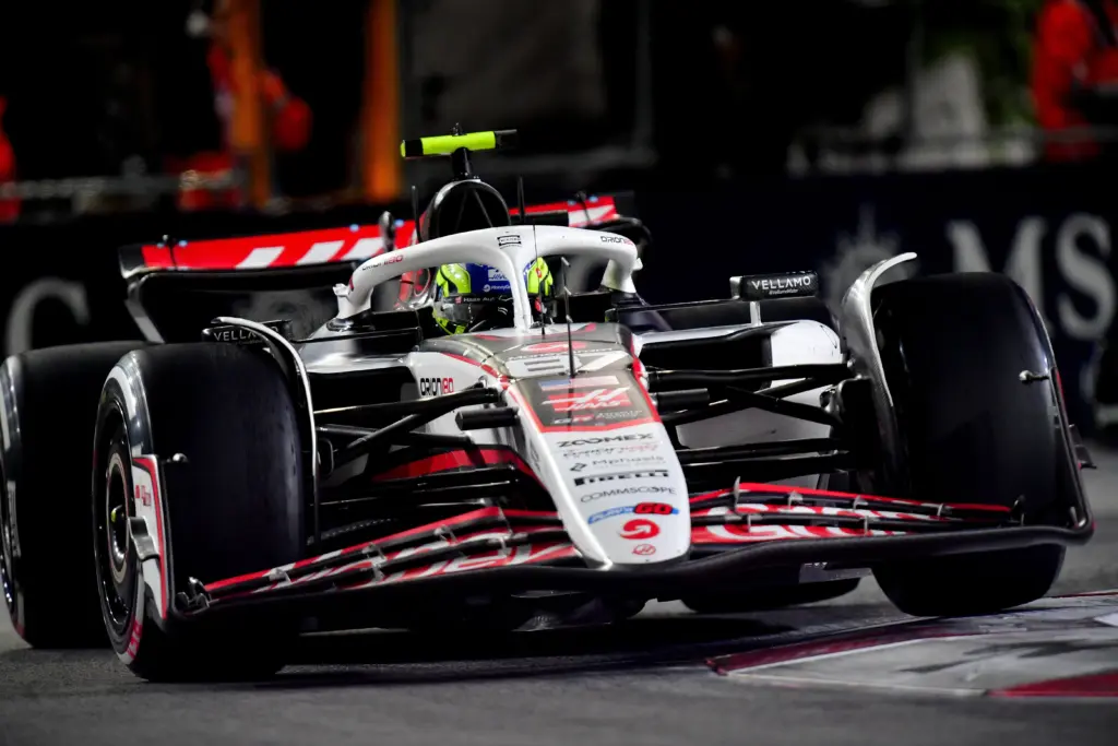 Nov 21, 2025; Las Vegas, NV, USA; Haas F1 Team driver Oliver Bearman (87) during the Las Vegas Grand Prix at Las Vegas Strip Circuit. Mandatory Credit: Gary A. Vasquez-Imagn Images