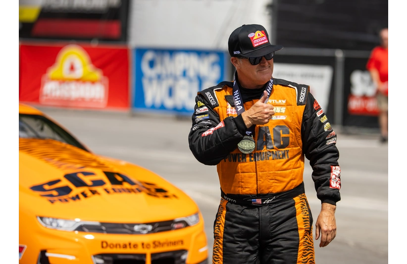 Jun 9, 2024; Bristol, TN, USA; NHRA pro stock driver Jeg Coughlin Jr celebrates after winning the Thunder Valley Nationals at Bristol Dragway.