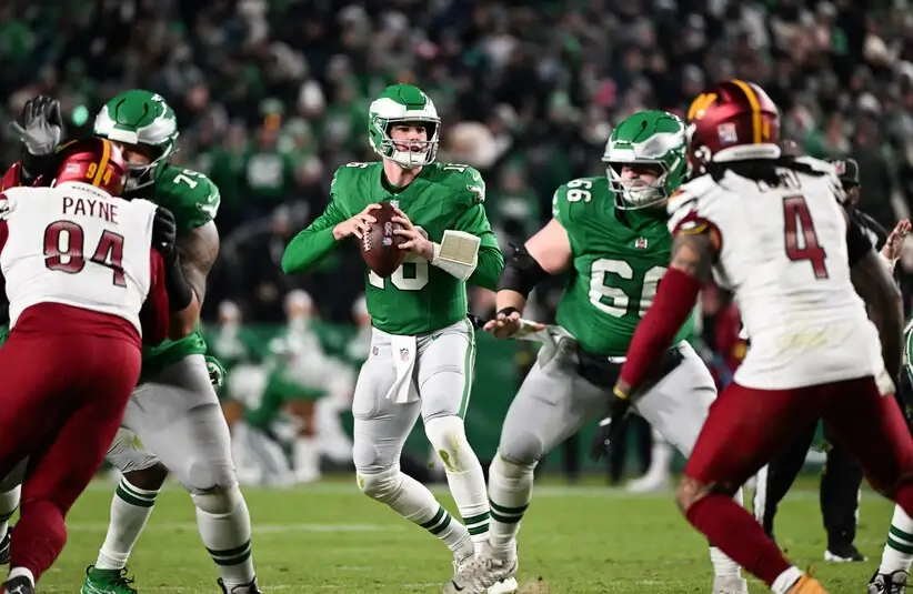 Eagles QB Tanner McKee Dropping back to Pass vs Commanders