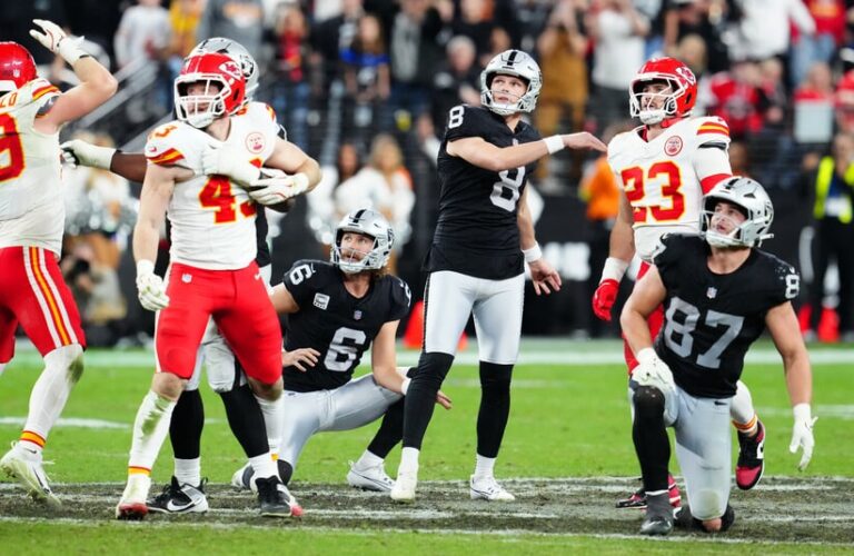 Raiders kicker Daniel Carlson watches his 60-yard game-winning field goal against the Chiefs.