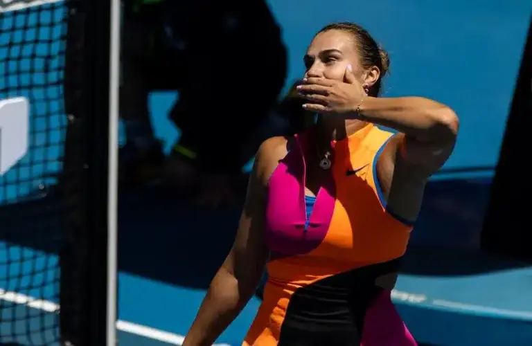 Aryna Sabalenka celebrates her victory over Victoria Mboko of Canada in the fourth round of the women’s singles at the Australian Open at Rod Laver Arena in Melbourne Park