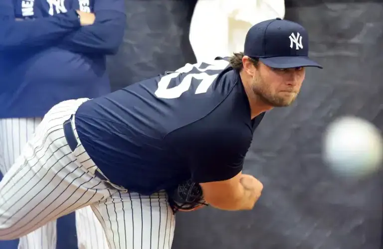 Feb 13, 2026; Tampa, FL, USA; New York Yankees pitcher Gerrit Cole (45) throws a bullpen session during spring training practices at George M. Steinbrenner Field.