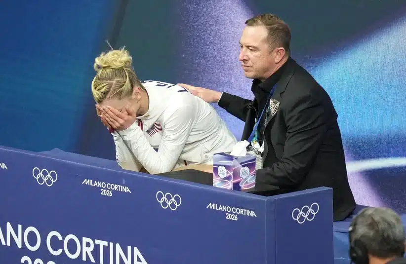 February 17, 2026; Milan, Italy; Amber Glenn (28) of the United States reacts after competing in the womens figure skating short program during the Milano Cortina 2026 Olympic Winter Games at Milano Ice Skating Arena.