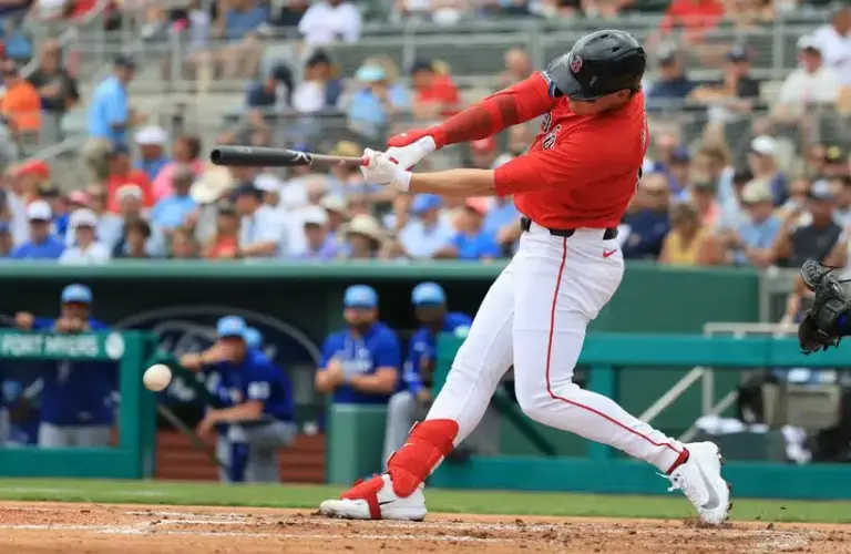 Feb 22, 2026; Fort Myers, Florida, USA; Boston Red Sox designated hitter Roman Anthony (19) singles during the first inning against the Toronto Blue Jays at JetBlue Park at Fenway South.