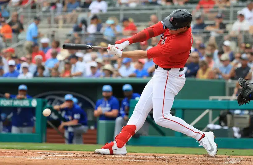 Feb 22, 2026; Fort Myers, Florida, USA; Boston Red Sox designated hitter Roman Anthony (19) singles during the first inning against the Toronto Blue Jays at JetBlue Park at Fenway South.