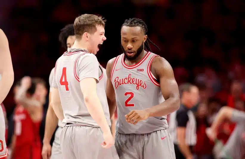 Feb 17, 2026; Columbus, Ohio, USA; Ohio State Buckeyes guard Gabe Cupps (4) congratulates Ohio State Buckeyes guard Bruce Thornton (2) during the second half against the Wisconsin Badgers at Value City Arena.