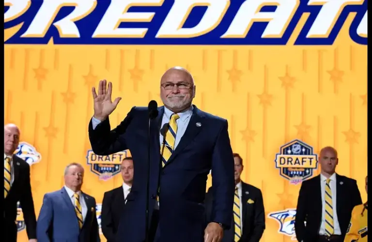 Nashville Predators general manager Barry Trotz announces the twenty fourth pick in round one of the 2023 NHL Draft at Bridgestone Arena