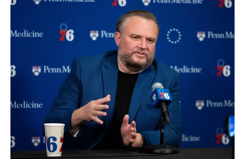 76ers resident of Basketball Operations Daryl Morey speaks with the media before a game against the Pistons