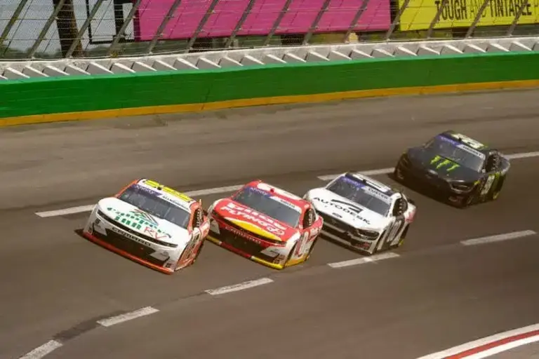 Sep 7, 2024; Hampton, Georgia, USA; Xfinity Series driver AJ Allmendinger (16) leads drivers into turn four at Atlanta Motor Speedway.