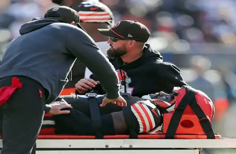 Cleveland Browns linebacker Jeremiah Owusu-Koramoah is hauled off on a stretcher