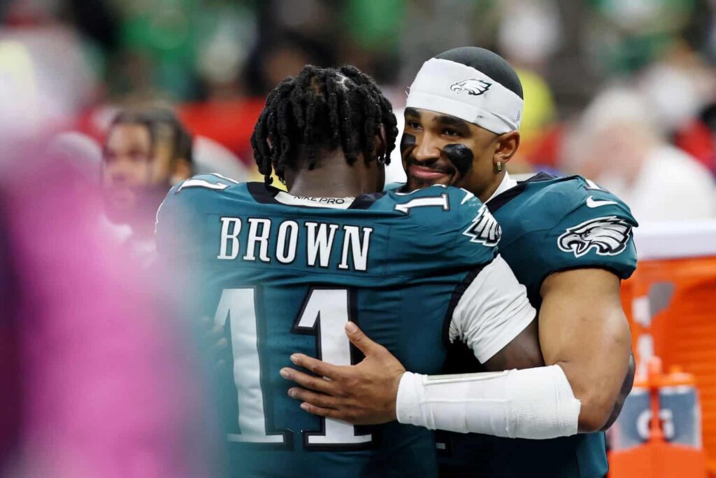 rams AJ Brown hugs Jalen Hurts philadelphia eagles