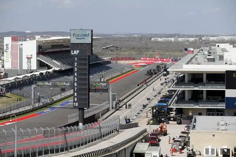 COTA; Mar 2, 2025; Austin, Texas, USA; Grandstands during setup for the EchoPark Automotive Grand Prix at Circuit of the Americas.
