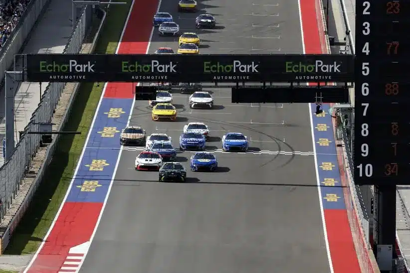 Entry List; Mar 2, 2025; Austin, Texas, USA; NASCAR Cup Series driver Tyler Reddick (45) front, Bubba Wallace (23) left, and Chase Elliott (9) right are in the lead to start the race at Circuit of the Americas.