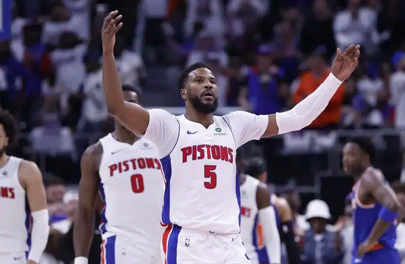 Detroit Pistons guard Malik Beasley (5) fires up the crowd