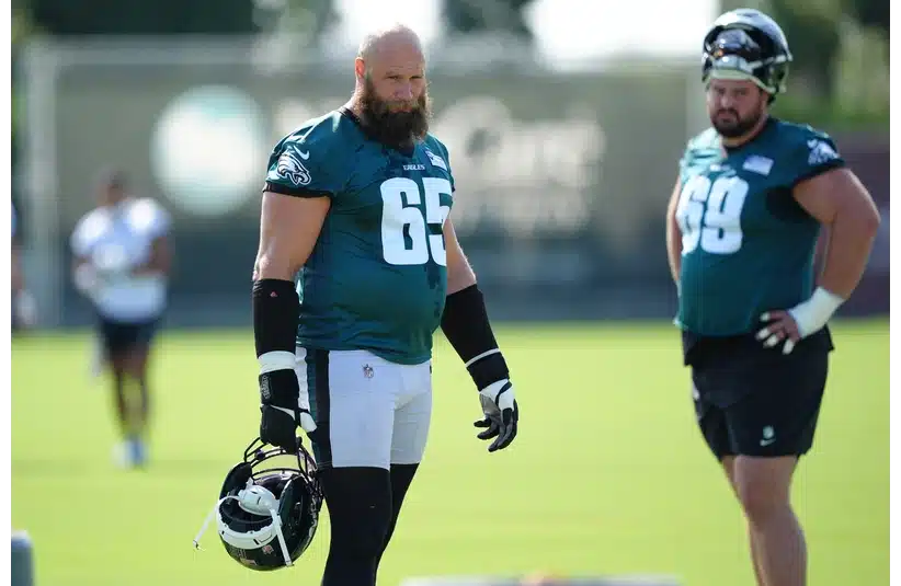 Eagles Lane Johnson and Landon Dickerson Annoucning They'll come back in 2026, are pictured here in 2025 training camp.