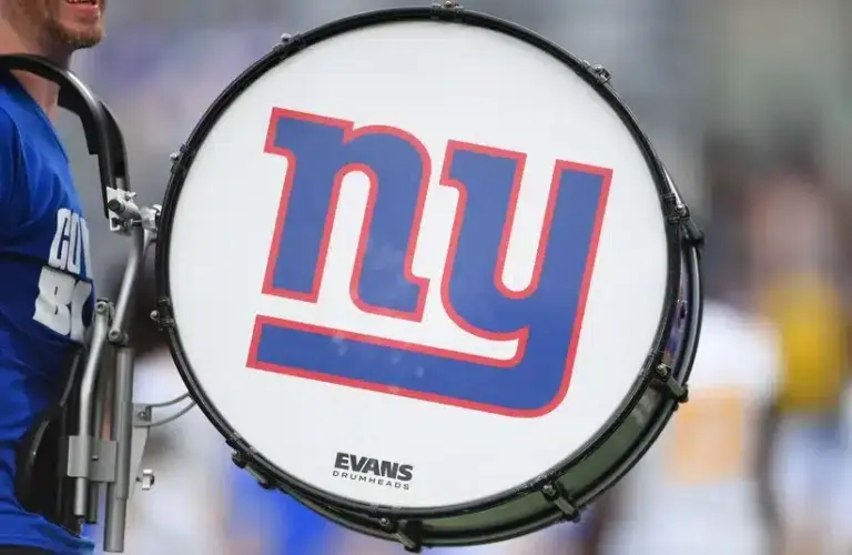 Detailed view of a New York Giants logo on a bass drum prior to the game against the New York Jets at MetLife Stadium.