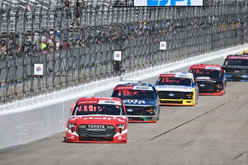 Tyrrell; Sep 20, 2025; Loudon, New Hampshire, USA; NASCAR Craftsman Truck Series driver Corey Heim (11) leads a pack of trucks during the Team EJP 175 at New Hampshire Motor Speedway
