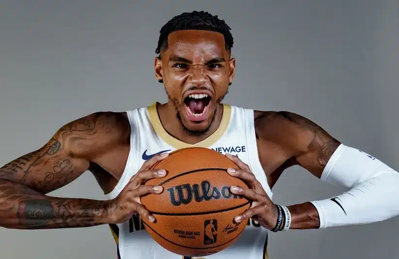 New Orleans Pelicans guard Dejounte Murray (5) takes part in media day
