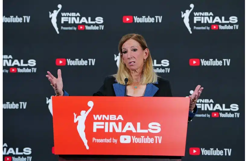 WNBA Commissioner Cathy Engelbert talks during a presser before the start of game one of the 2025 WNBA Finals