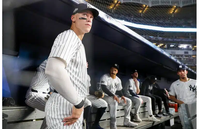 Yankees outfielder Aaron Judge looks on in the dugout prior to the game against the Toronto Blue Jays during game three of the ALDS