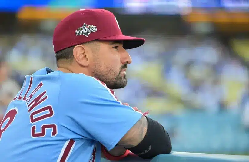 Philadelphia Phillies right fielder Nick Castellanos (8) looks on. He was nearly traded to the Yankees.