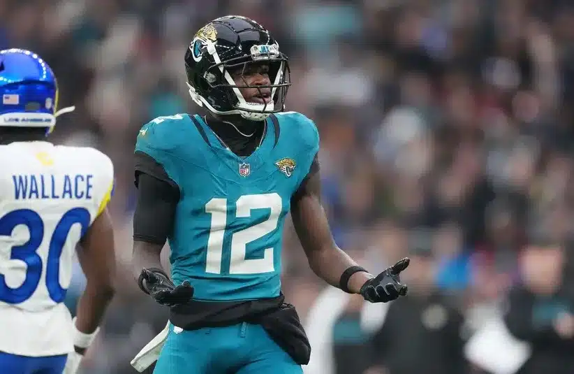 Jacksonville Jaguars wide receiver Travis Hunter (12) reacts after a play against the Los Angeles Rams