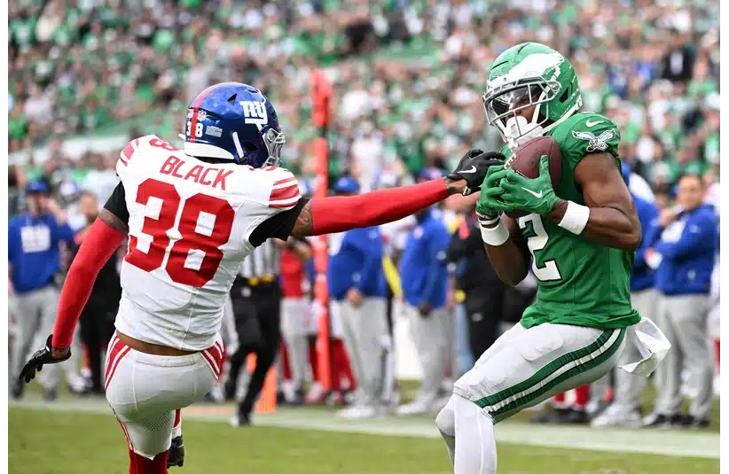 Eagles WR Jahan Dotson scoring a touchdown vs the Giants earlier in 2025