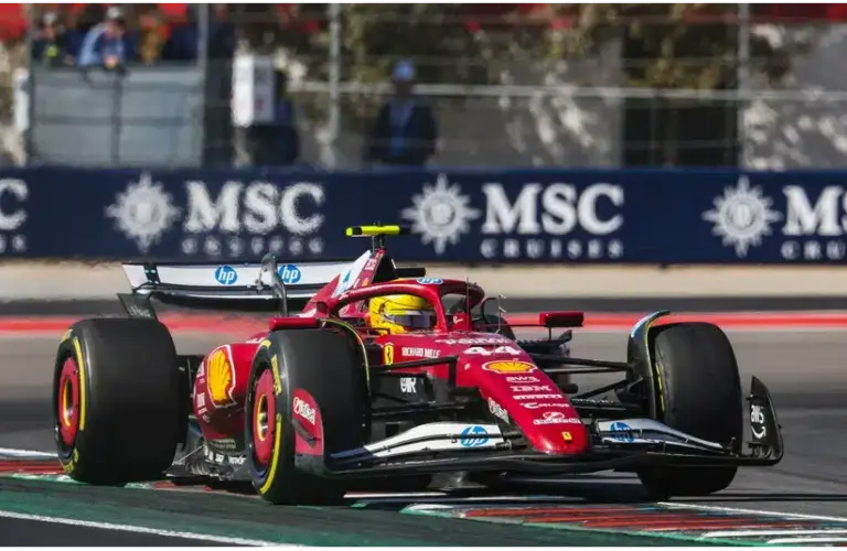 Oct 19, 2025; Austin, TX, USA; Scuderia Ferrari HP driver Lewis Hamilton (44) of Team Great Britain out of turn 20 at Circuit of The Americas Austin. Mandatory Credit: Thomas Shea-Imagn Images Barcelona testing