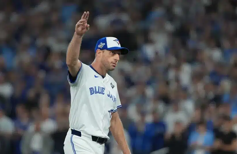 Toronto Blue Jays pitcher Max Scherzer (31) reacts after being relieved. Toronto played the final game of a three-game series with the Yankees.