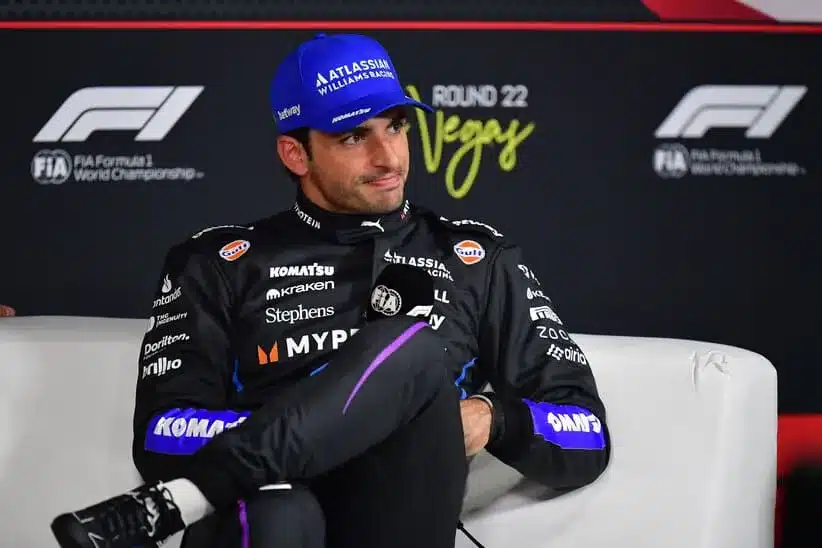 Nov 21, 2025; Las Vegas, NV, USA; Williams driver Carlos Sainz (55) speaks after qualifying third for the Las Vegas Grand Prix at Las Vegas Strip Circuit