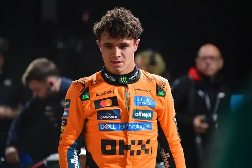 Nov 21, 2025; Las Vegas, NV, USA; McLaren driver Lando Norris (4) reacts after qualifying pole position for the Las Vegas Grand Prix at Las Vegas Strip Circuit.