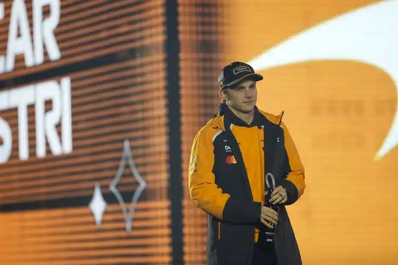 Nov 22, 2025; Las Vegas, NV, USA; McLaren driver Oscar Piastri (81) arrives for the Las Vegas Grand Prix drivers parade at the Las Vegas Strip Circuit.