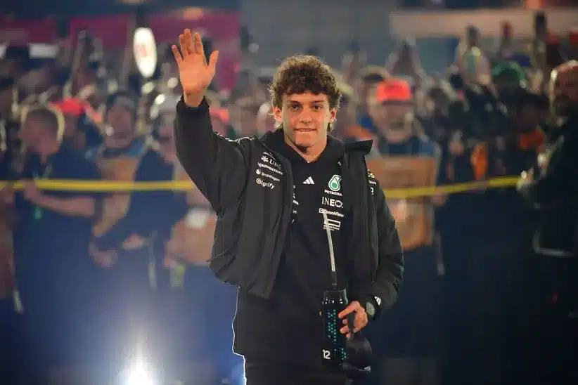 Nov 21, 2025; Las Vegas, NV, USA; Mercedes driver Andrea Kimi Antonelli (12) is introduced before the Las Vegas Grand Prix at Las Vegas Strip Circuit.