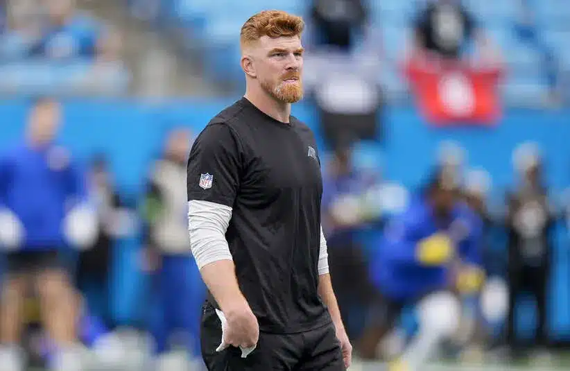 Carolina Panthers quarterback Andy Dalton (14) during pregame warm ups