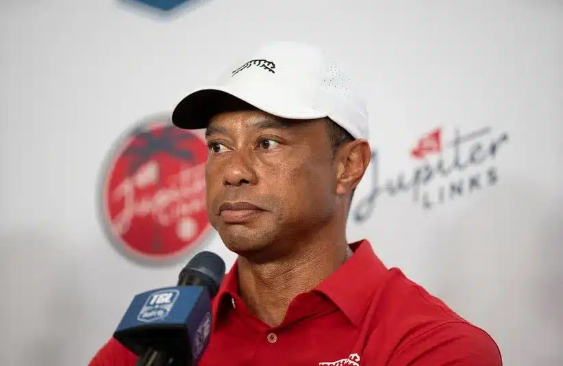 Tiger Woods of Jupiter Links, answers questions from the media