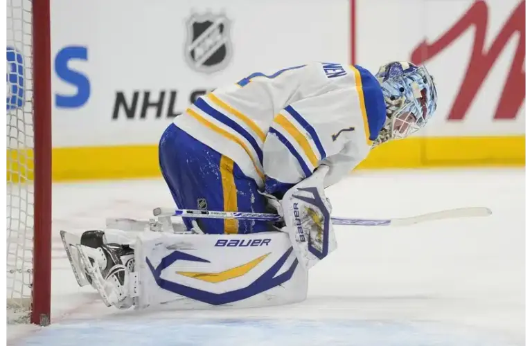 Jan 27, 2026; Toronto, Ontario, CAN; Buffalo Sabres goaltender Ukko-Pekka Luukkonen (1) reacts after a goal by Toronto Maple Leafs forward Auston Matthews (not pictured) during the first period at Scotiabank Arena.