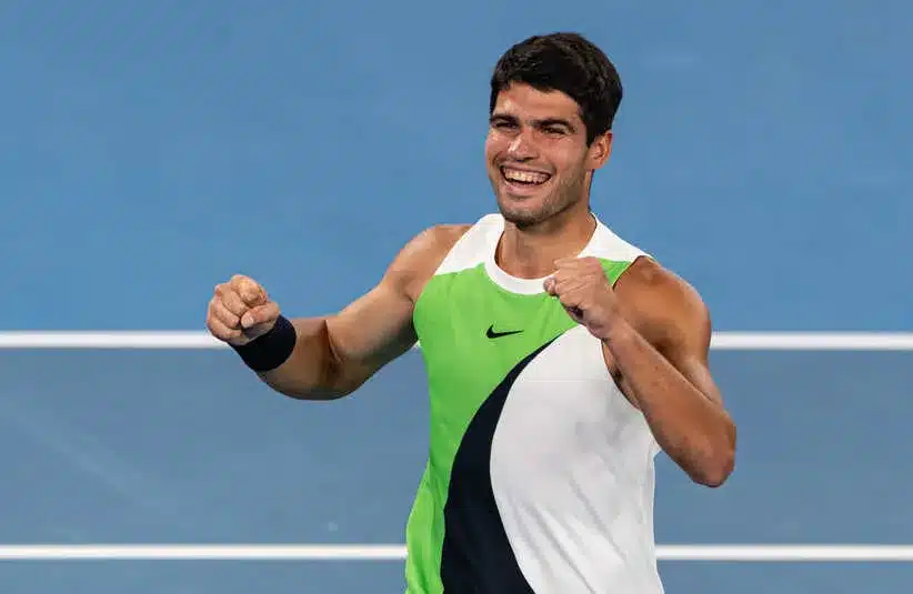 Carlos Alcaraz of Spain celebrates his victory.