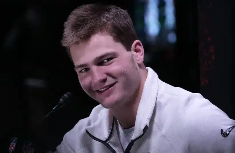 New England Patriots quarterback Drake Maye (10) speaks to the media during Opening Night for Super Bowl LX at San Jose Convention