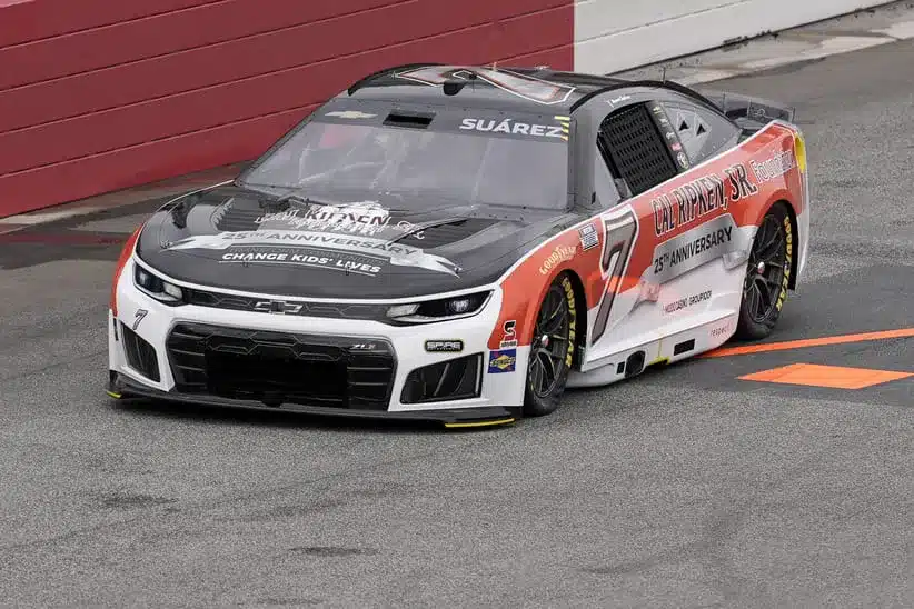Feb 4, 2026; WInston-Salem, North Carolina, USA; NASCAR Cup Series driver Daniel Suarez (7) during practice for the Cook Out Clash at Bowman Gray Stadium.