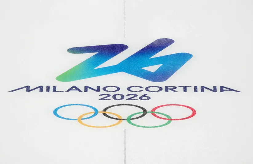 A general view of an Olympics logo during curling mixed doubles round robin competition during the Milano Cortina 2026 Olympic Winter Games at Cortina Curling Olympic Stadium.